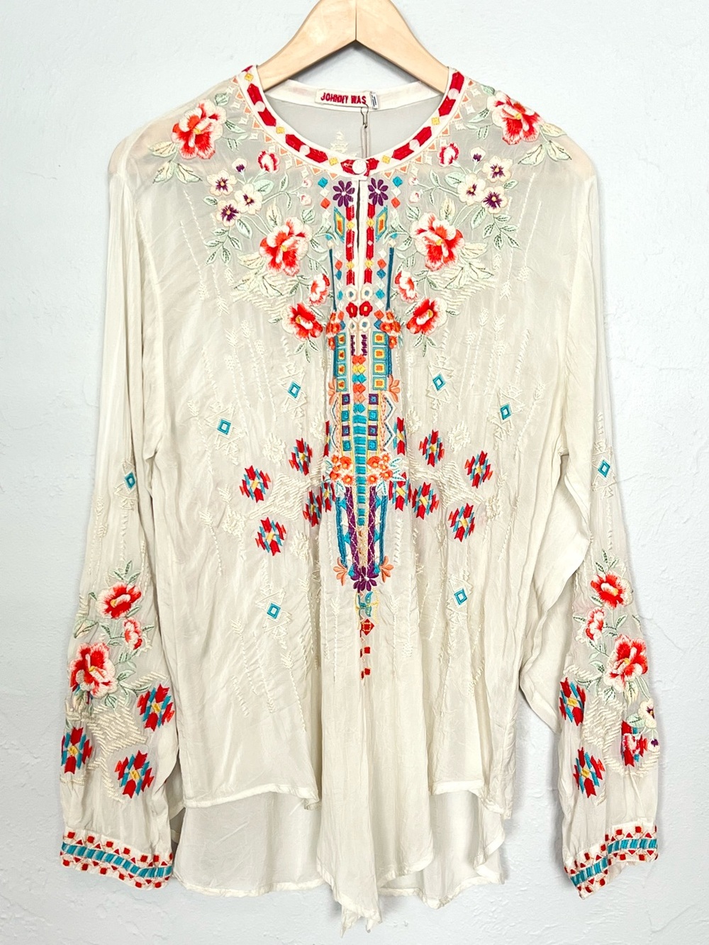 Johnny Was Embroidered Boho Floral Cupra Rayon Blouse Top Medium